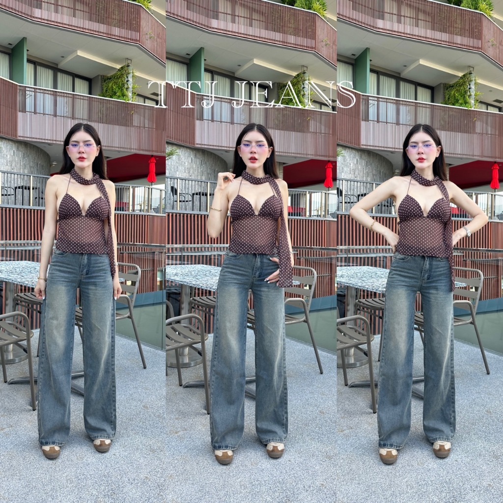 TTJ JEANS 168 กางเกงยีนส์ขากระบอกใหญ่ ปลายขาบานสีเทานัวแต่งเฟดสนิม ผ้าไม่ยืดใส่ได้ชาย-หญิง ปลายขา10-