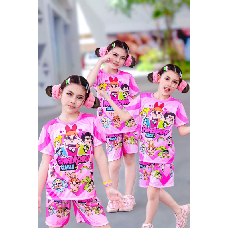 ชุดเพาเวอร์พัฟเกิลขาสั้น สีชมพู ชมใจ พร้อมส่ง 1-12ขวบ