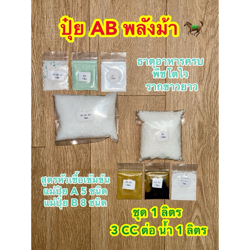 ปุ๋ย AB ชุด 1 ลิตร พลังม้า สูตรเข้มข้น สำหรับผักไฮโดรโปนิกส์ พืช ผักสลัด จุลินทรีย์ ปลูกผักในกล่องโฟม ผงเร่งราก ปุ๋ยสูตร