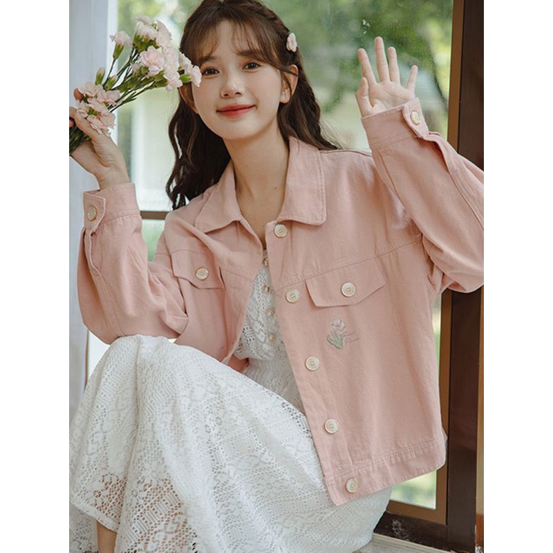 Jk แจ็คเก็ตยีนส์ผู้หญิงแขนยาว ปักดอก พร้อมส่ง