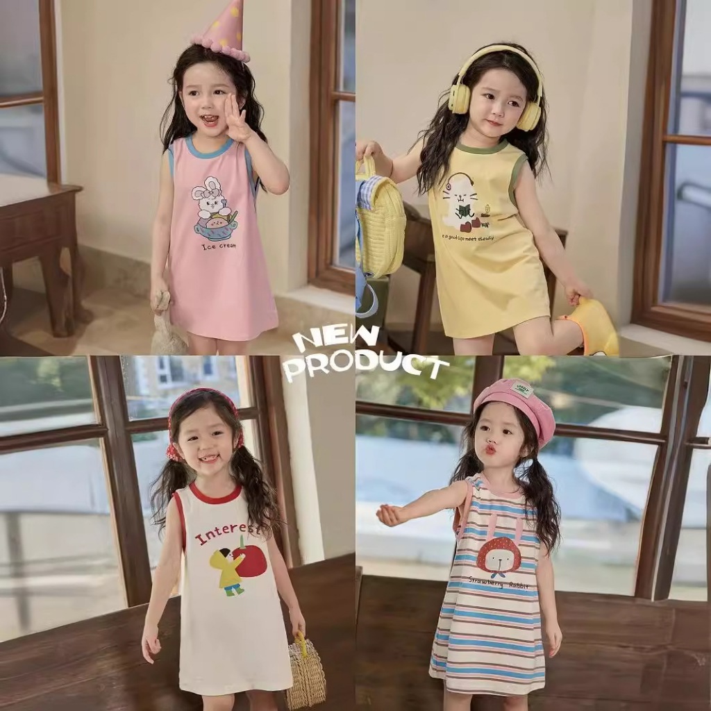 Babyonline(Y423)E6 ชุดกระโปรงเสื้อแขนกุดเด็กผู้หญิงลายการ์ตูน ชุดกระโปรงสายเดี่ยวพิมพ์ลายสก๊อต ผ้าฝ้าย นิ่ม ระบายอากาศ