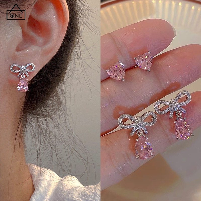 COD❤️ต่างหูเงินS925โบว์เพทายสีชมพูแฟชั่นสไตล์เกาหลีหวานสุดเท่ระดับไฮเอนด์เครื่องประดับสำหรับผู้หญิงของขวัญ-a.one