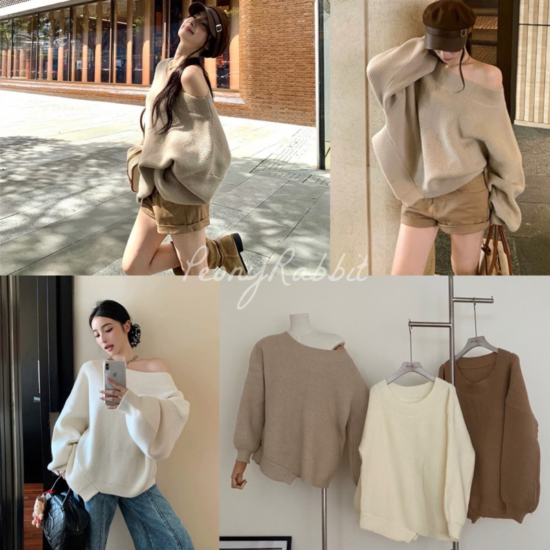 พร้อมส่ง เสื้อไหมพรมทรงปาดไหล่ เสื้อไหมพรม เสื้อกันหนาว เสื้อเปิดไหล่ ผ้าดี ทรงสวย knit
