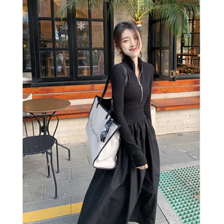 เดรสยาวคอปกสีดำ ซิปหน้าอกรูดขึ้นเป็นคอเต่าได้ ดีเทลเสื้อต่อกระโปรงทรงเอจับจีบ เดรสใส่ไปเที่ยว #9219