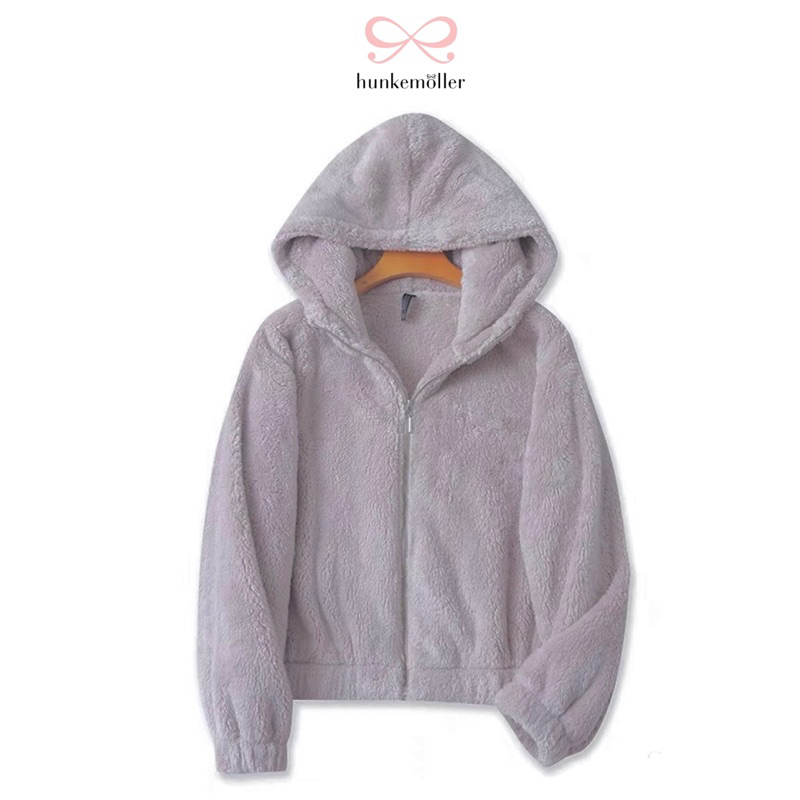 เสื้อฮู้ด กันหนาว fluffy JACKET แบรนด์ Hunkemoller สีเทาอ่อนอมม่วง (WY1272)
