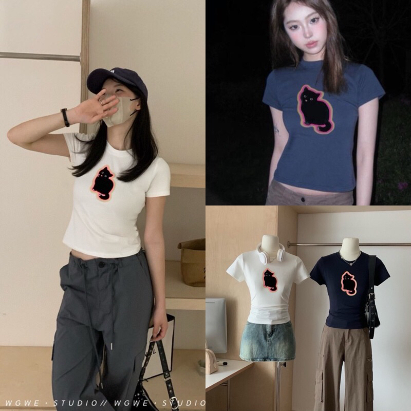 (พร้อมส่ง) เสื้อคอกลมแขนสั้นลายน้องแมวรุ่น 7959 TAG WG.WE 🇰🇷