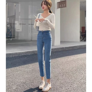กางเกงยีนส์ผู้หญิง เอวสูง ทรงเดฟยืด-ทรงบอยสลิม สีดำ/สีฟ้า ไซส์ S-4XL ใส่ทำงานได้ ใส่เที่ยวได้ ดำเรียบ 🚚พร้อมส่ง🚚