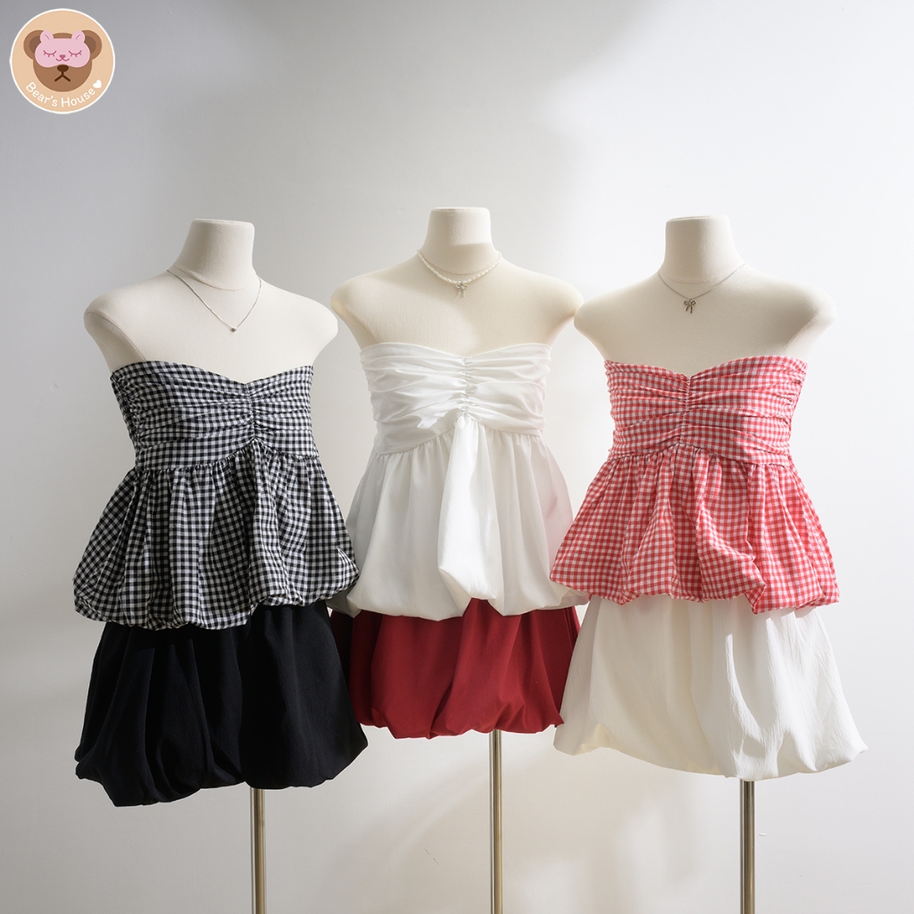 Rolly Balloon Crop เสื้อเกาะอก บอลลูน ผ้าลายสก็อตเทลเเต่งจีบอก
