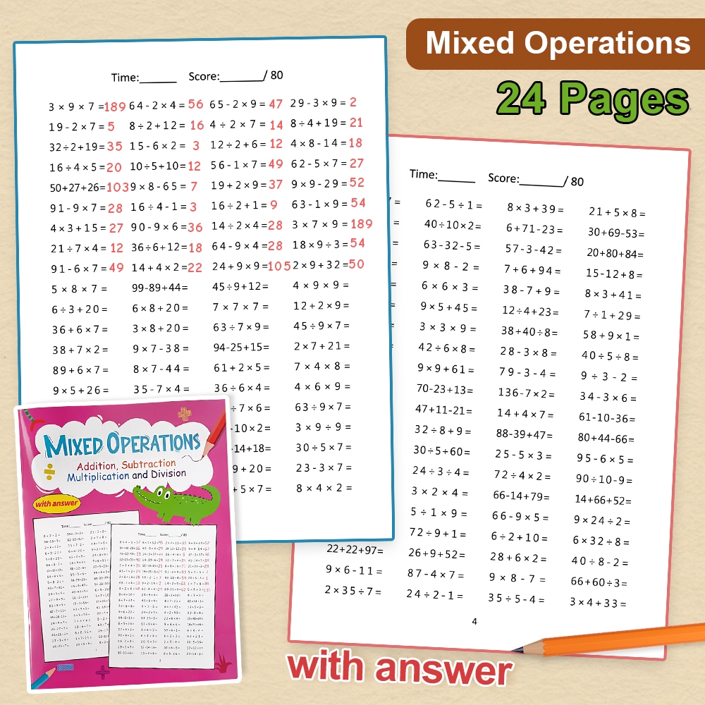 24Pages Subtraction Addition Multiplication Division Arithmetic Practice Books Math Mixed Calculation Workbook for Kids