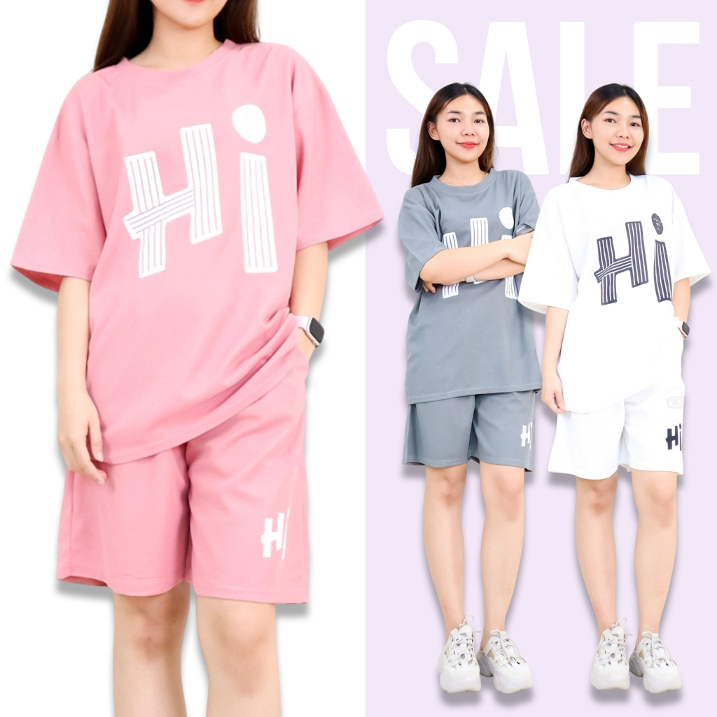 c5330# ชุดเซ็ท ผู้หญิง เสื้อคอกลม แขนสั้น สกรีนลายตัวอักษร กางเกงขาสั้น ผ้าวาฟเฟิล