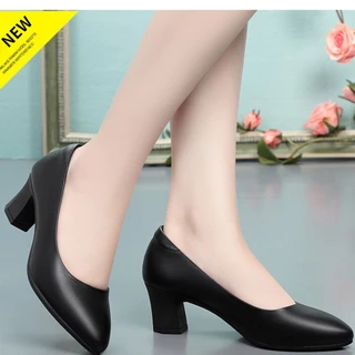 size 36-40 รองเท้าทำงานหนังนิ่มผู้หญิง ส้นกลาง สีดำ ส้นหนา 4cm ใส่ได้ทุกฤดู