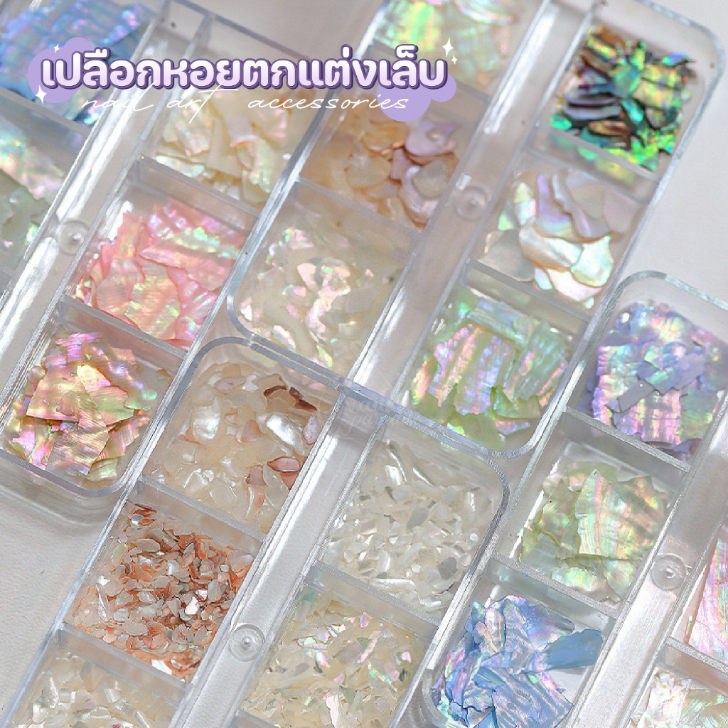 Majikku Set 6 ช่อง อะไหล่ติดเล็บ เปลือกหอย หินสี แผ่นบางประกาย อะไหล่แต่งเล็บ DIY Nail