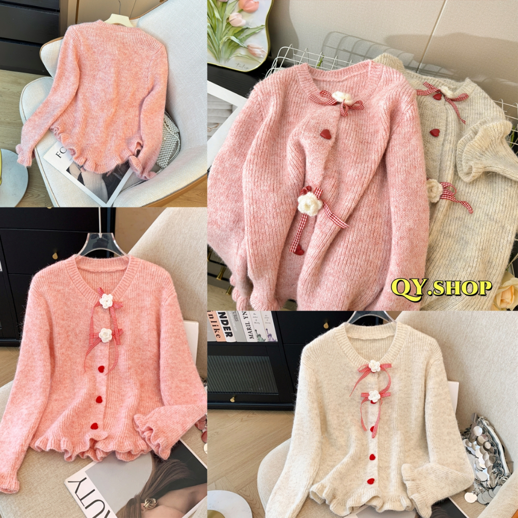 QY.Shop⭐️​พร้อมส่ง เสื้อถักไหมพรมแขนยาง คอกลม น่ารักคาวาอี้ กระดุมหน้า สีพาสเทล "CL1075"