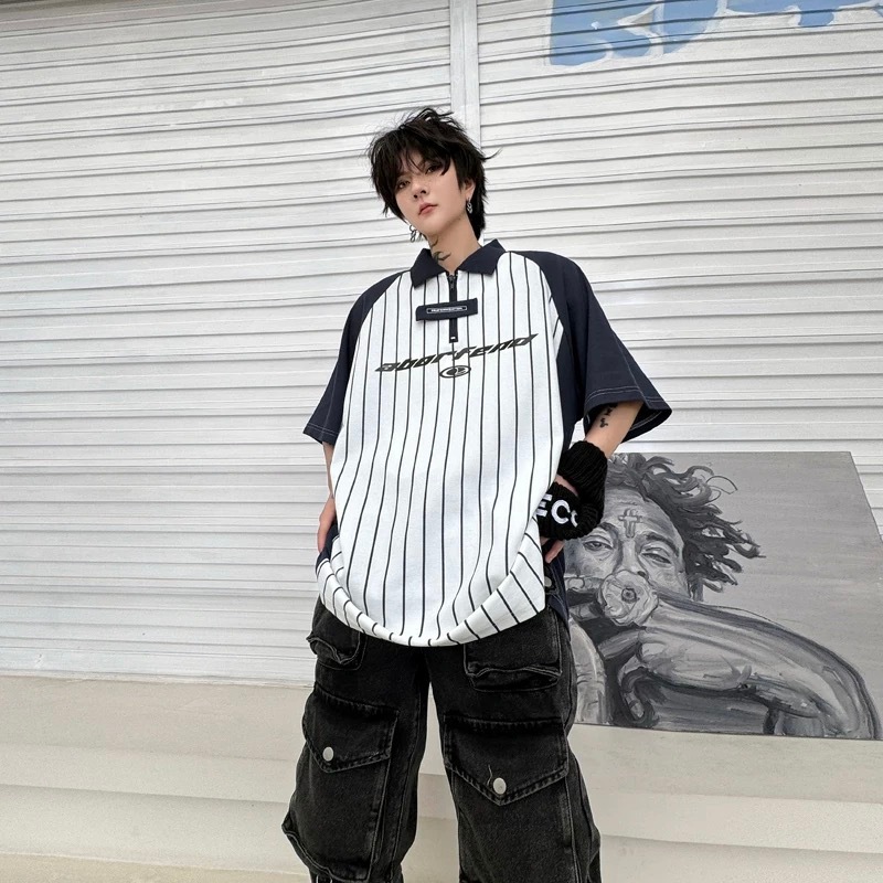 CLIFF สไตล์ย้อนยุคของอเมริกา การเคลื่อนไหว เสื้อโปโล การเลือก แขนสั้นลายทาง คู่รัก สถาบันลม - รูปที่ 4