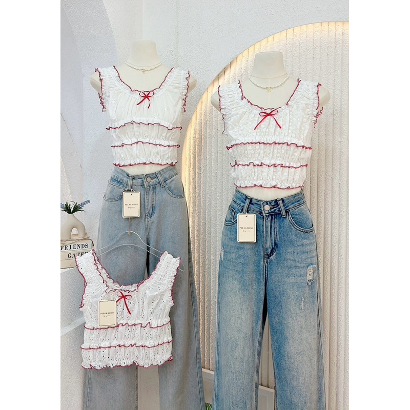 NN603 เสื้อกล้ามผ้าฉลุปัก โบว์อก Peekanong