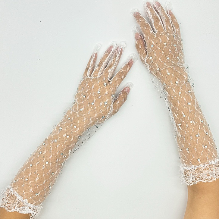 ถุงมือเพชรลูกไม้สีขาวตาข่ายชีฟอง