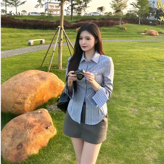 MKLเสื้อเชิ๊ตลายทาง เข้ารูปดึงเอว ปักลาย สไตล์อเมริกัน สำหรับผู้หญิง แฟชั่นฤดูใบไม้ผลิ #2325