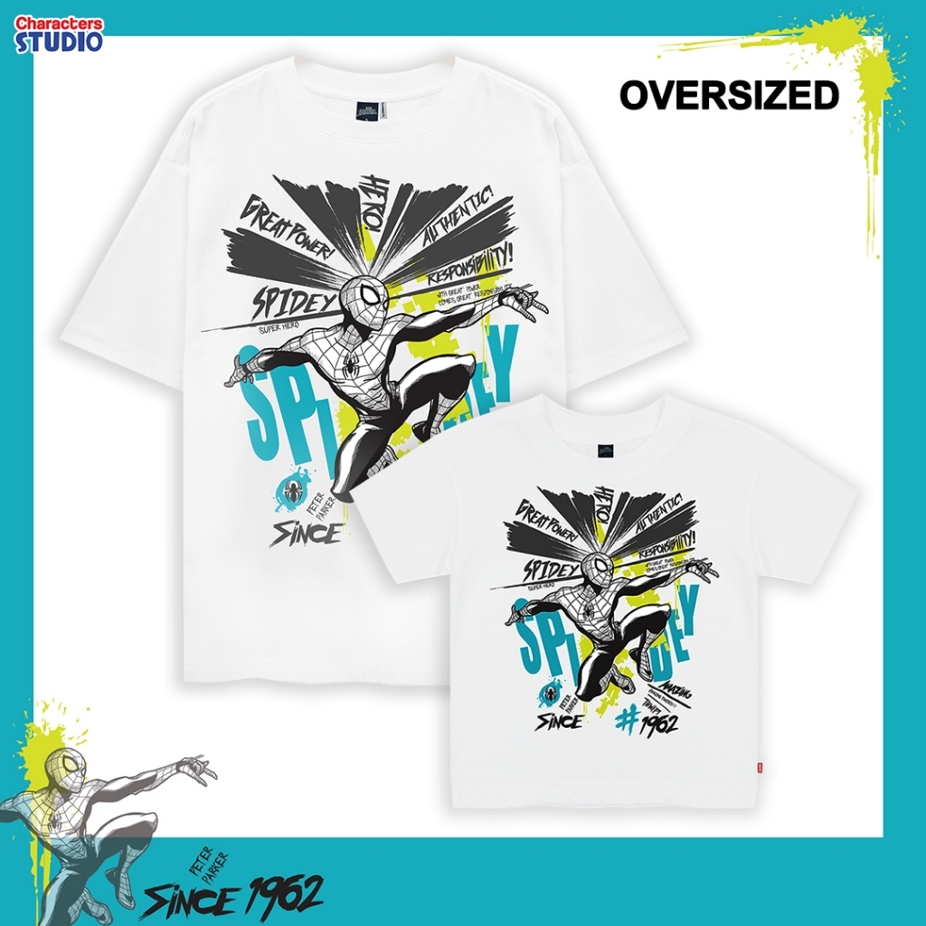 Marvel  เสื้อยืดผู้ใหญ่โอเวอร์ไซส์และเสื้อเด็ก7-13ขวบ ลายสไปเดอร์แมน ผ้าCotton 100% สินค้าลิขสิทธิ์แท้ Characters Studio