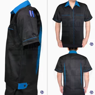 เสื้อช่างช็อป แขนสั้น พื้นดำ-กุ้นสี ผ้าคอมทวิว ทรงมาตราฐาน เนื้อดีคงทน