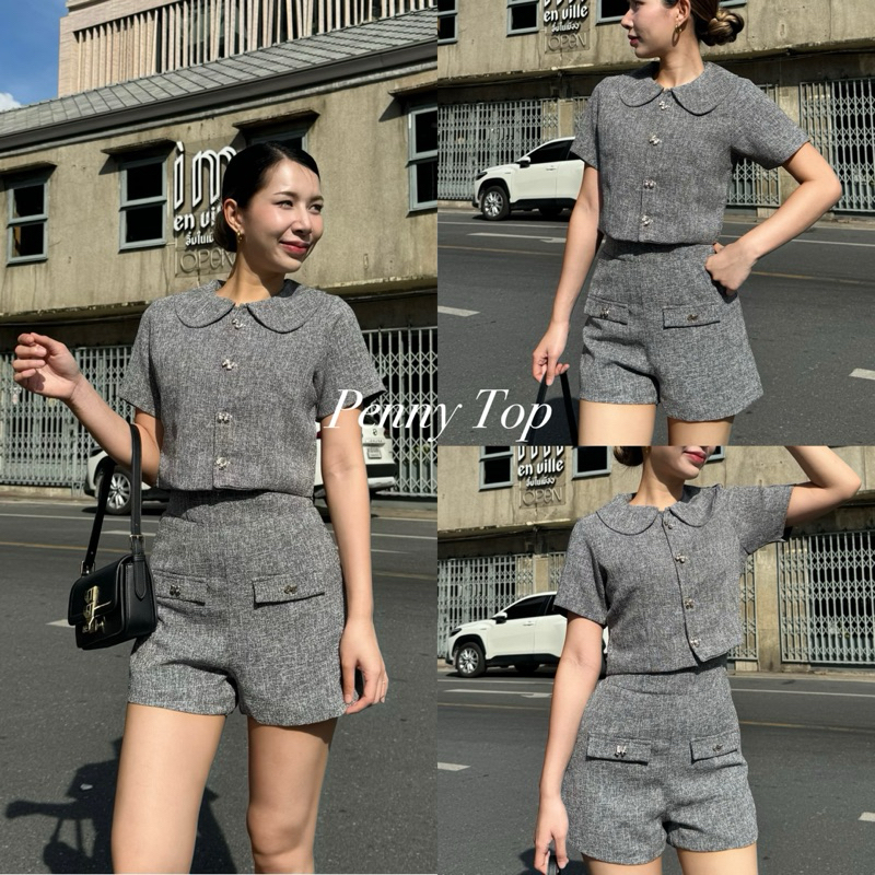 (เฉพาะเสื้อ) Penny Top เสื้อคอบัว กระดุมโบว์ ผ้าลินินทวิต Clothing ผู้หญิง