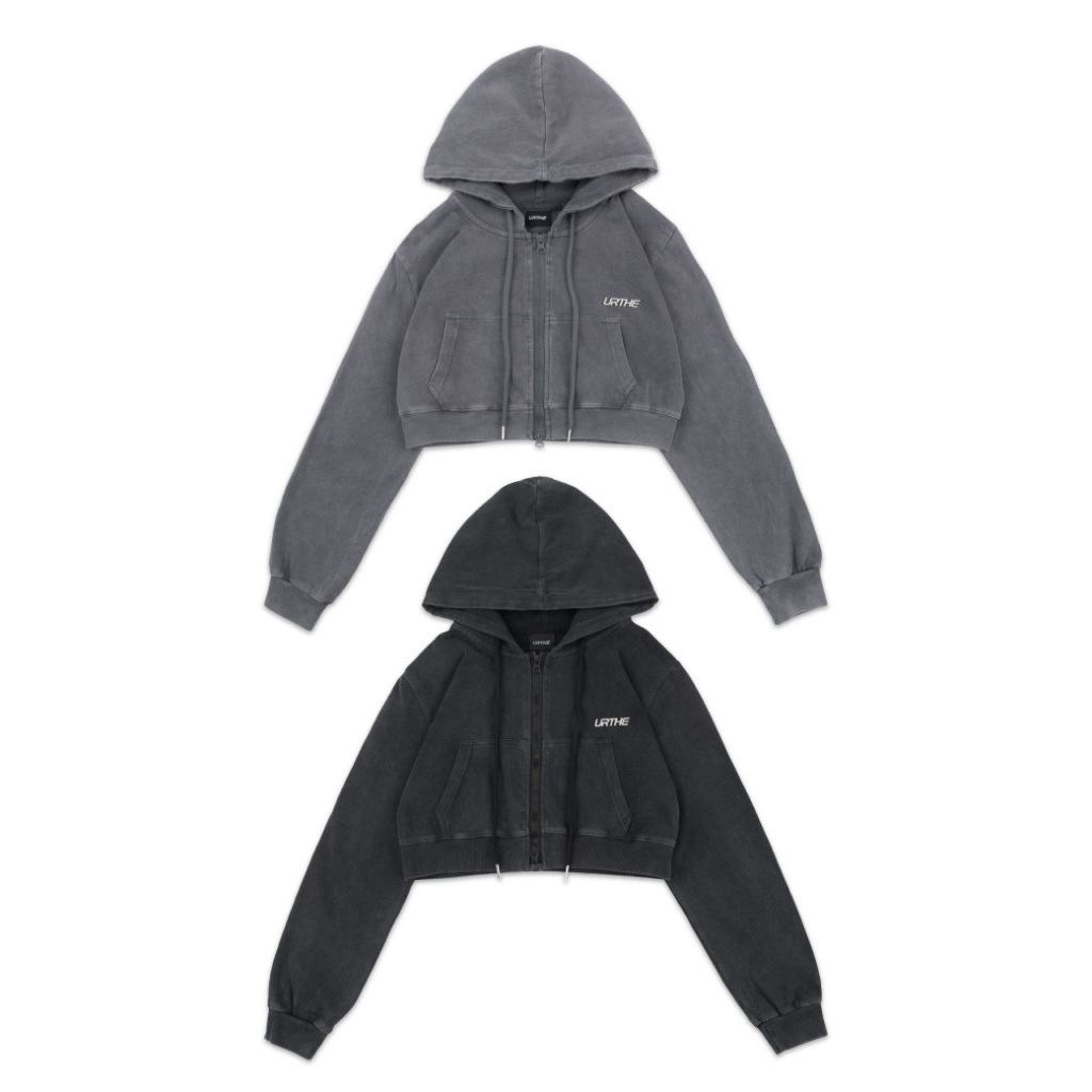 URTHE - เสื้อฮู้ดครอป ผ้าฟอก รุ่น 3D METAL JK