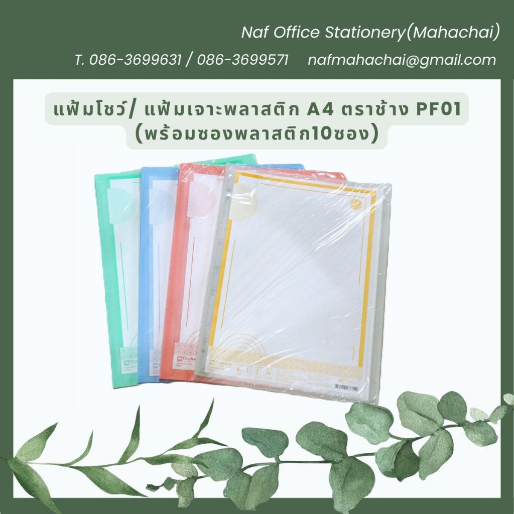 แฟ้มโชว์ / แฟ้มเจาะพลาสติก A4 ตราช้าง PF01 (พร้อมซองพลาสติก10ซอง)