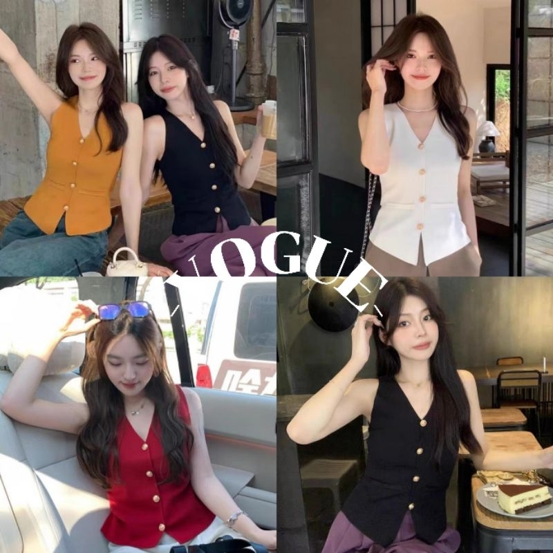 Vogue พร้อมส่ง เสื้อกบ้ามไหมพรม คอวี กระดุมด้านหน้า ดีเทลเว้าหลังเอว (20252)
