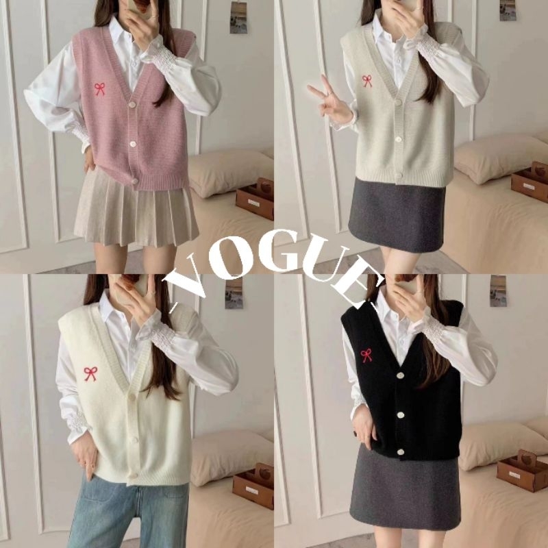 Vogue พร้อมส่ง เสื้อกั๊กถักไหมพรม เย็บลายโบว์น่ารักสีพื้น (19187)