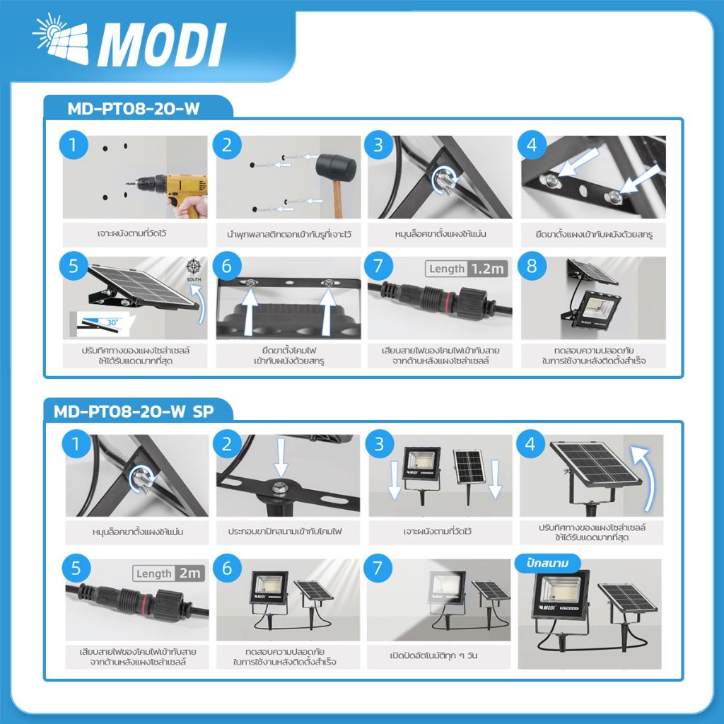 MODIไฟสปอตไลท์โซล่าเซลล์ 20W แสงขาว/เหลือง ไฟปักสนามโซล่าเซลล์ Solar light พลังงานแสงอาทิตย์ รูปที่ 5