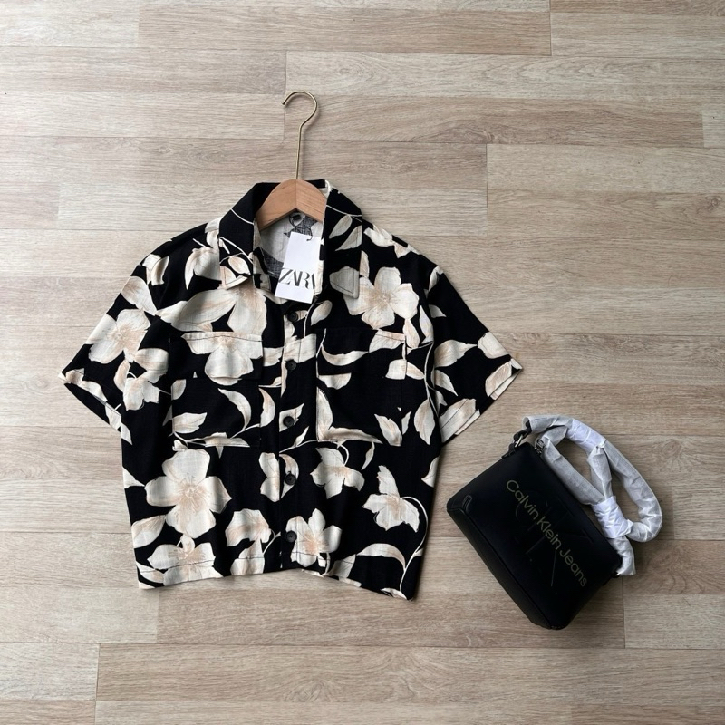 ZARA เสื้อเชิ๊ตแขนสั้น กระดุมผ่าหน้า เนื้อผ้าลินิน ทรงสวย