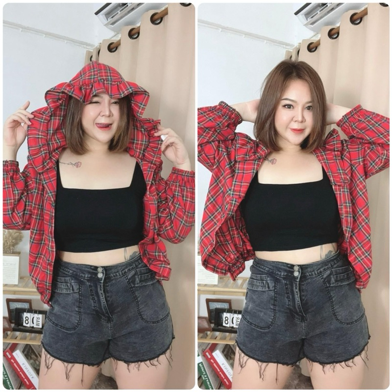 เสื้อฮูดผ้าลายสก็อต ติดกระดุม ผ้าไม่ยืด อกหน้าผ้า 50 นิ้ว วงแขน 26 นิ้ว ความยาว 25 นิ้ว