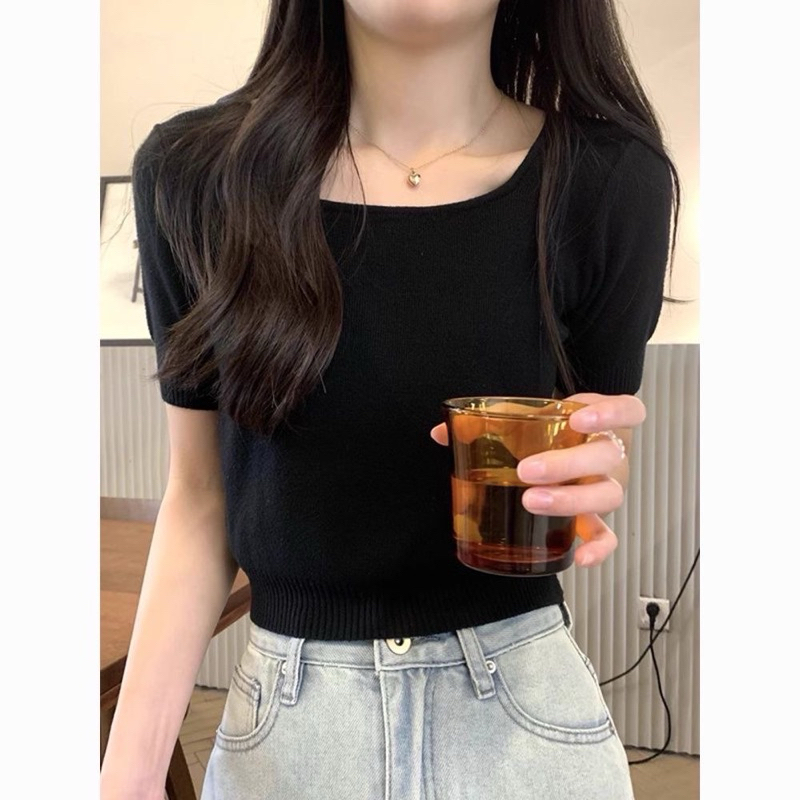 [HR-433] เสื้อคอเหลี่ยมแขนสั้น ผ้าไหมพรม