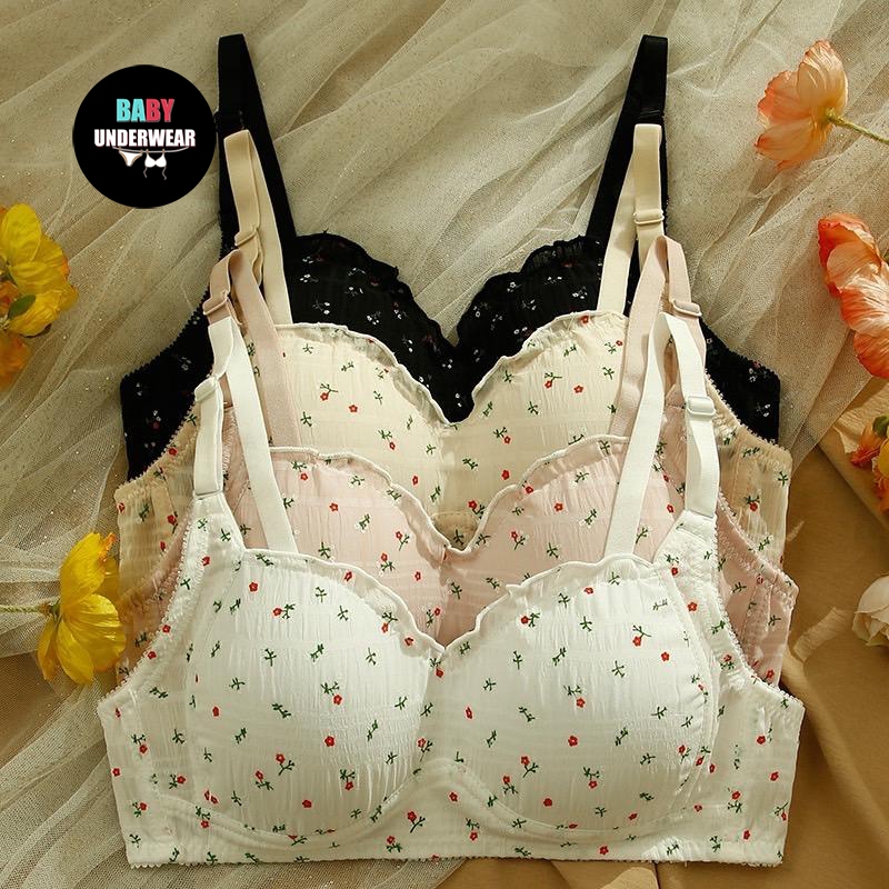 baby underwearเสื้อชั้นในนักเรียนตรีชาก (อกไข่ดาว) ลายดอกเล็ก ผ้ายืดน้อย สีดำ - Women, ผู้หญิง