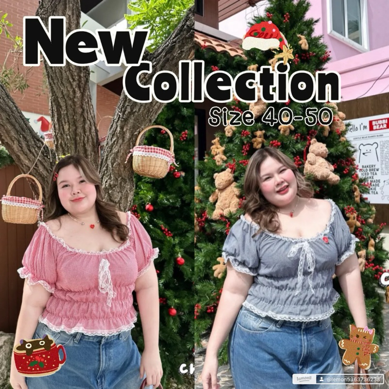 PLUS-SIZE เสื้อแขนตุ๊กตาลายสก็อต(40-50) สม็อคช่วงตัว ยืดเยอะ แต่งด้วยลูกไม้