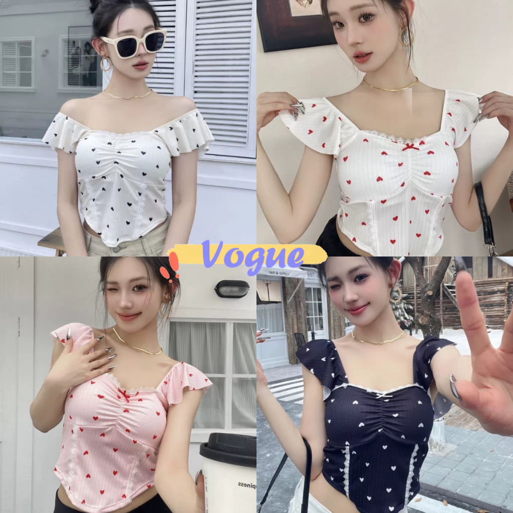 Vogue พร้อมส่ง แขนสั้นลายดอกไม้ เสื้อครอปแขนพัฟ เสื้อกล้ เสื้อยืดแขนสั้น ครอป ลายดอกไม้น่ารัก คอเหลี่ยม (FY2232#1)