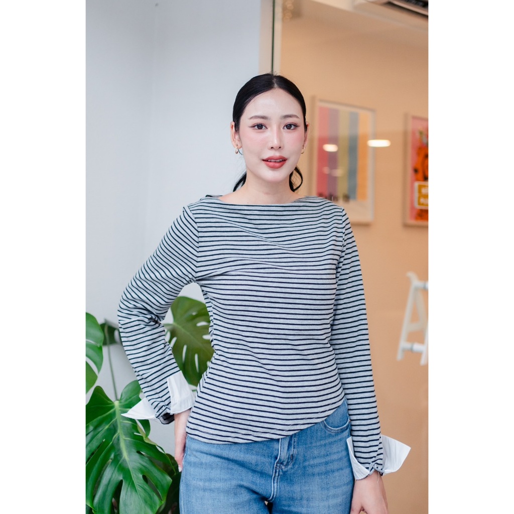 [พิมพ์โค้ด SISDEC ลด 60.- ] M1607 เสื้อคอปาดผ้าดี ริ้วสวย 3 สี แต่งขอบแขน 270-เท่านั้น ขนาดสินค้า รอบอก30"-38" ความยาว20