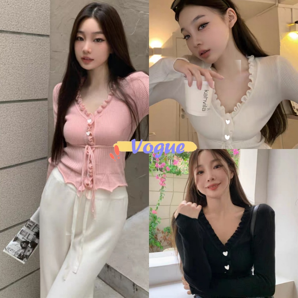 Vogue พร้อมส่ง เสื้อไหมพรมแขนยาว คอวี ดีเทลสายคาดเอว (M5346)