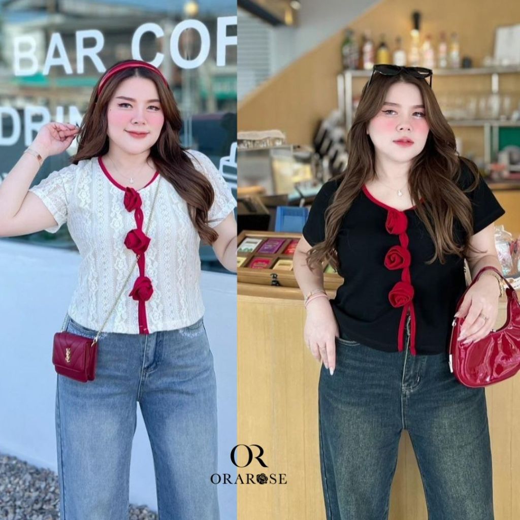 เสื้อยืด เสื้อลูกไม้ แต่งดอกกุหลาบ ผ้านุ่มใส่สบาย ดีไซน์เก๋ๆ ลุคสาวเปรี้ยวๆ น่ารักๆ แมทซ์ได้กับทุกลุค อก34-44