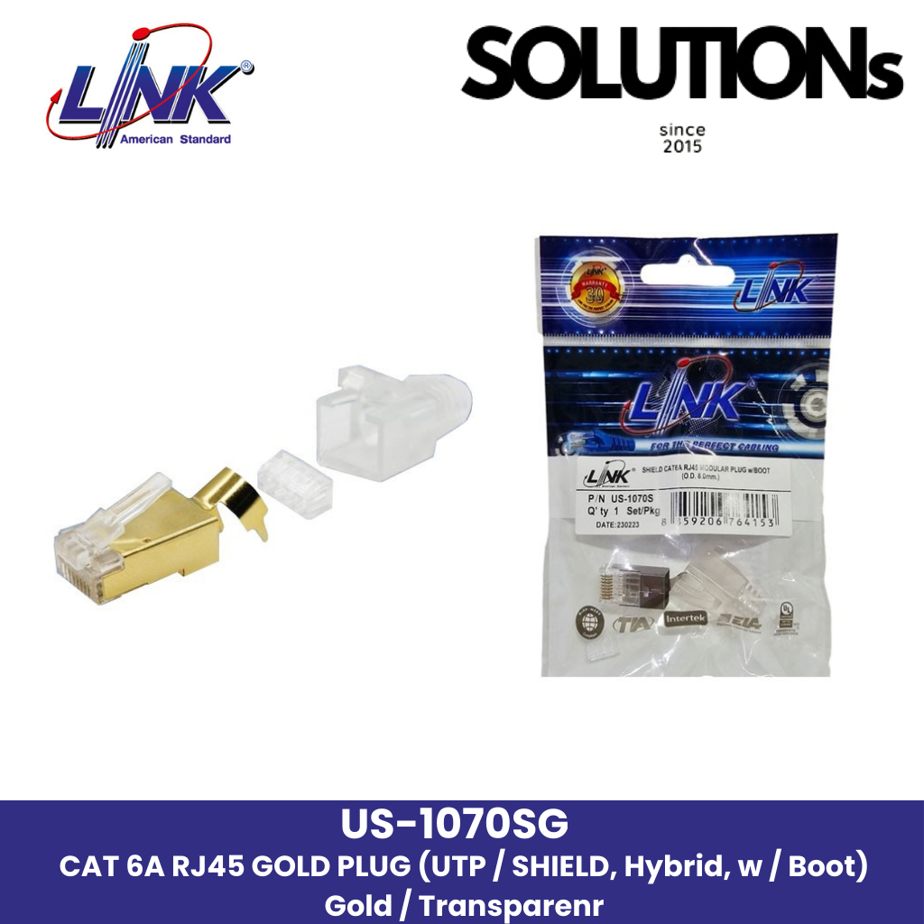 LINK US-1070SG CAT 6A RJ45 GOLD PLUG (UTP / SHIELD, Hybrid, w / Boot) Gold / Transparent