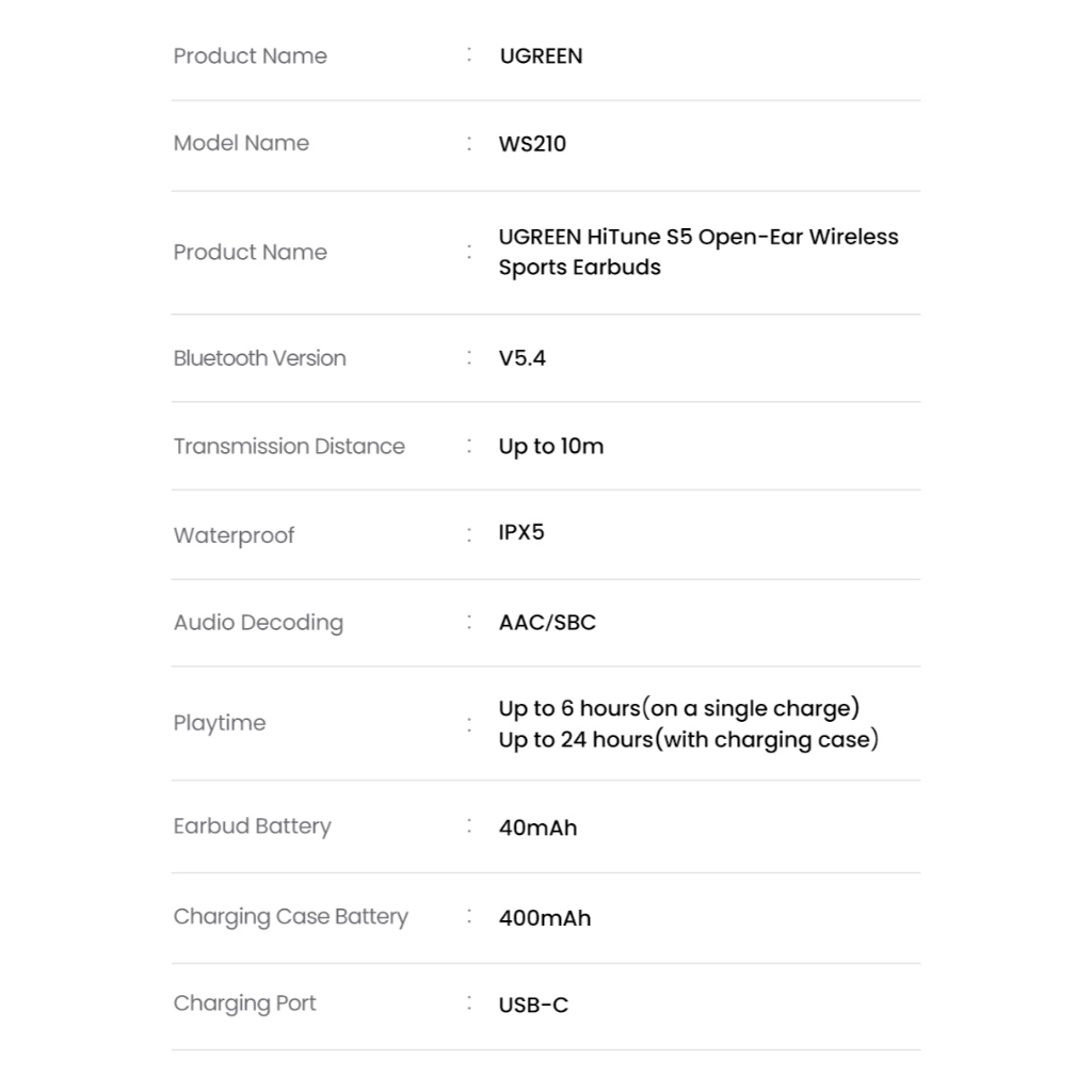 Ugreen HiTune S5 หูฟังไร้สายบลูทูธ 5.4 หูฟังเกี่ยวหูไร้สาย ใช้งานง่าย เสียงชัด พร้อมไมค์ในตัว รุ่น WS210