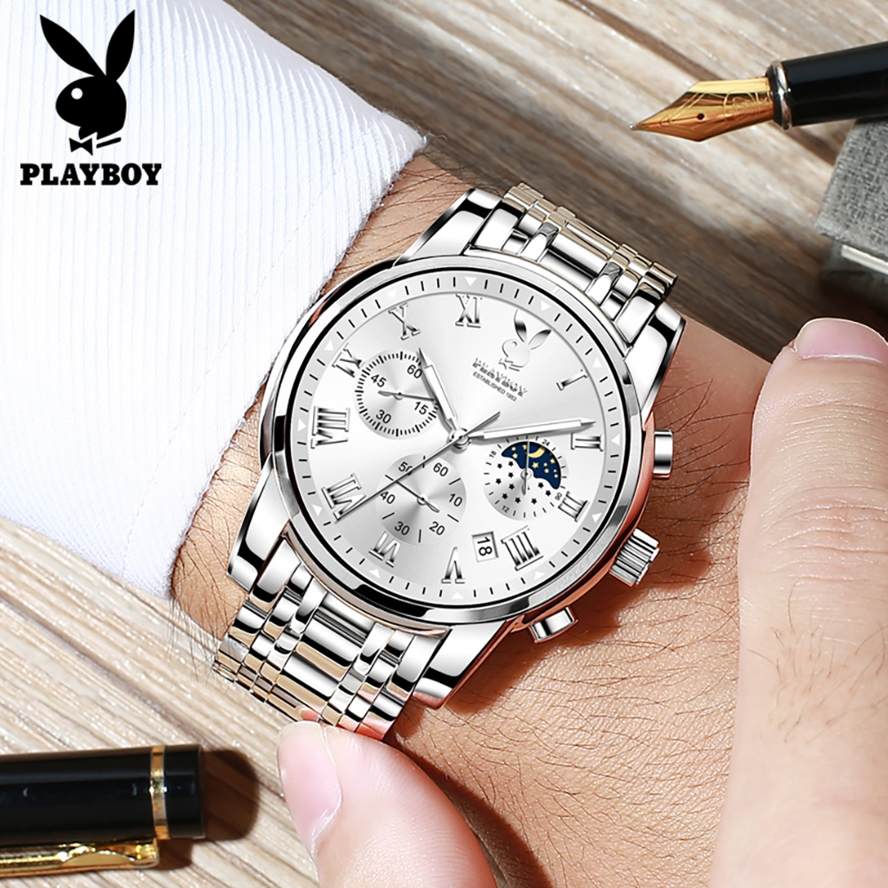 PLAYBOY （ขายแฟลช） สปอตสินค้า นาฬิกาผู้ชาย กันน้ำ ธุรกิจ พร้อมกล่อง ดูเวลา ดูวันที่ เรืองแสง สายสเตนเลส รับประกัน 3 ป