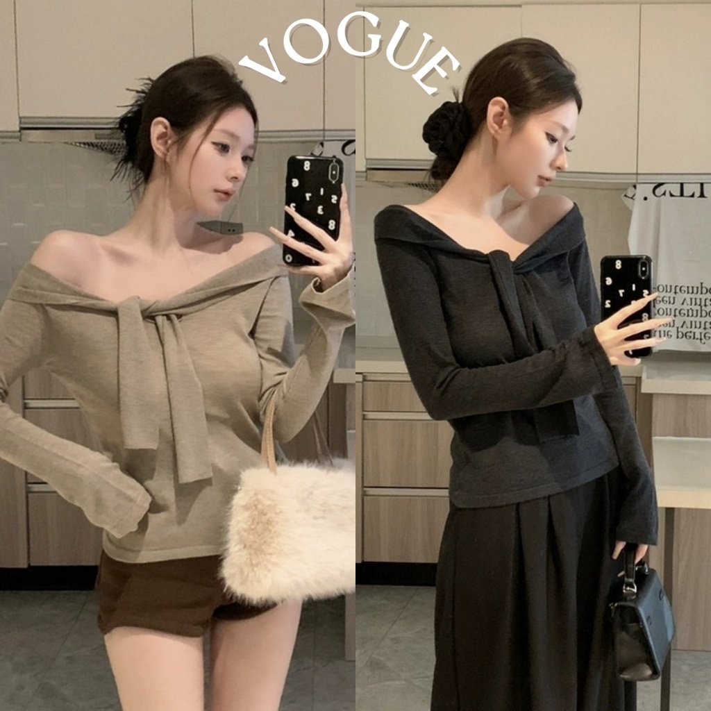Vogue พร้อมส่ง แขนยาวปาดไหล่ เสื้อสเวตเตอร์ไหล่ข้างหนึ่ง เสื้อเปิดไหล่ มีโบว์ที่หน้าอก (Z-T621)