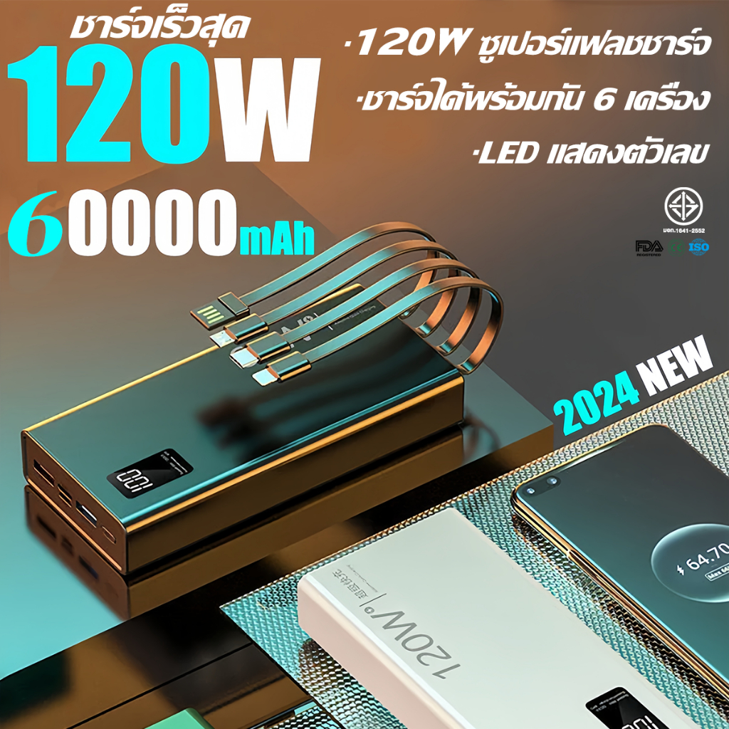 【รับประกัน 5 ปี】พาวเวอร์แบงค์ 60000mAh ชาร์จเต็มได้30เครื่อง ใช้ได้กับทุกรุ่นทุกยี่ห้อ เพาเวอร์แบงค์ แบตสำรอง power bank