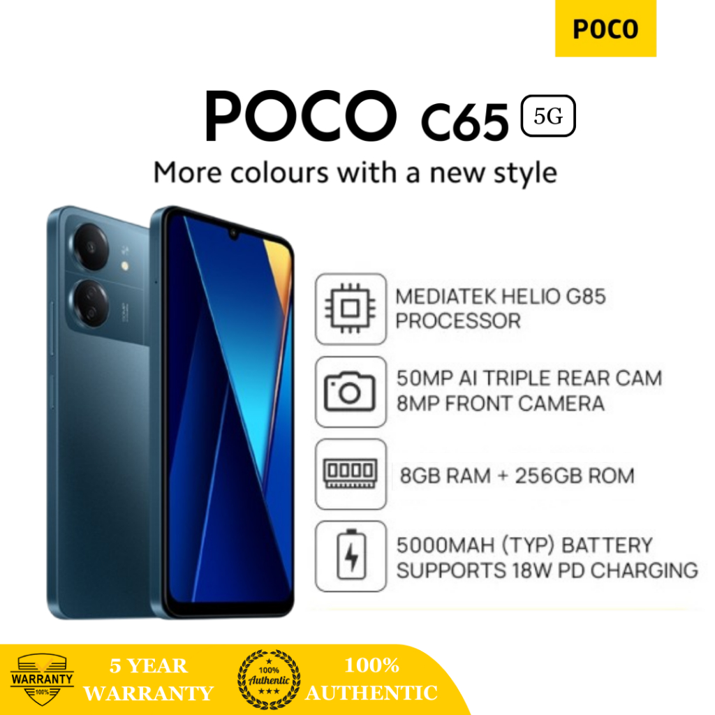 POCO C65 สมาร์ทโฟน (8+256GB) ใหม่เอี่ยม 6.74 นิ้ว ประกันร้าน 1 ปี กล้อง MediaTek Helio G85 AI 3