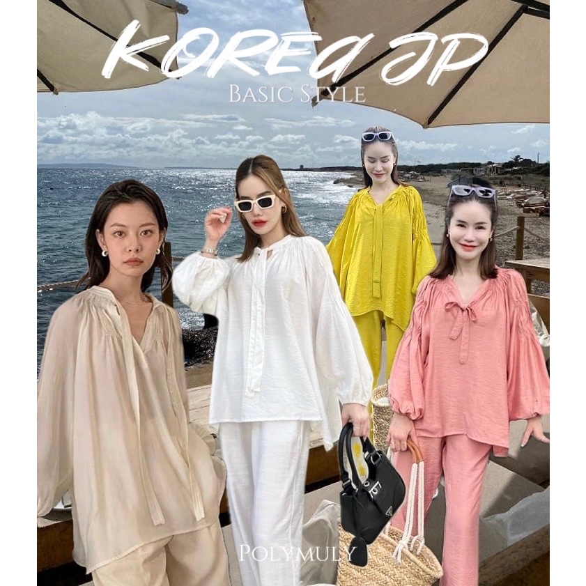 ชุดเซ็ตแขนยาว แต่งแขนจั๊ม Korea Jp ดีเทลผูกโบหน้าอก น่ารักๆ