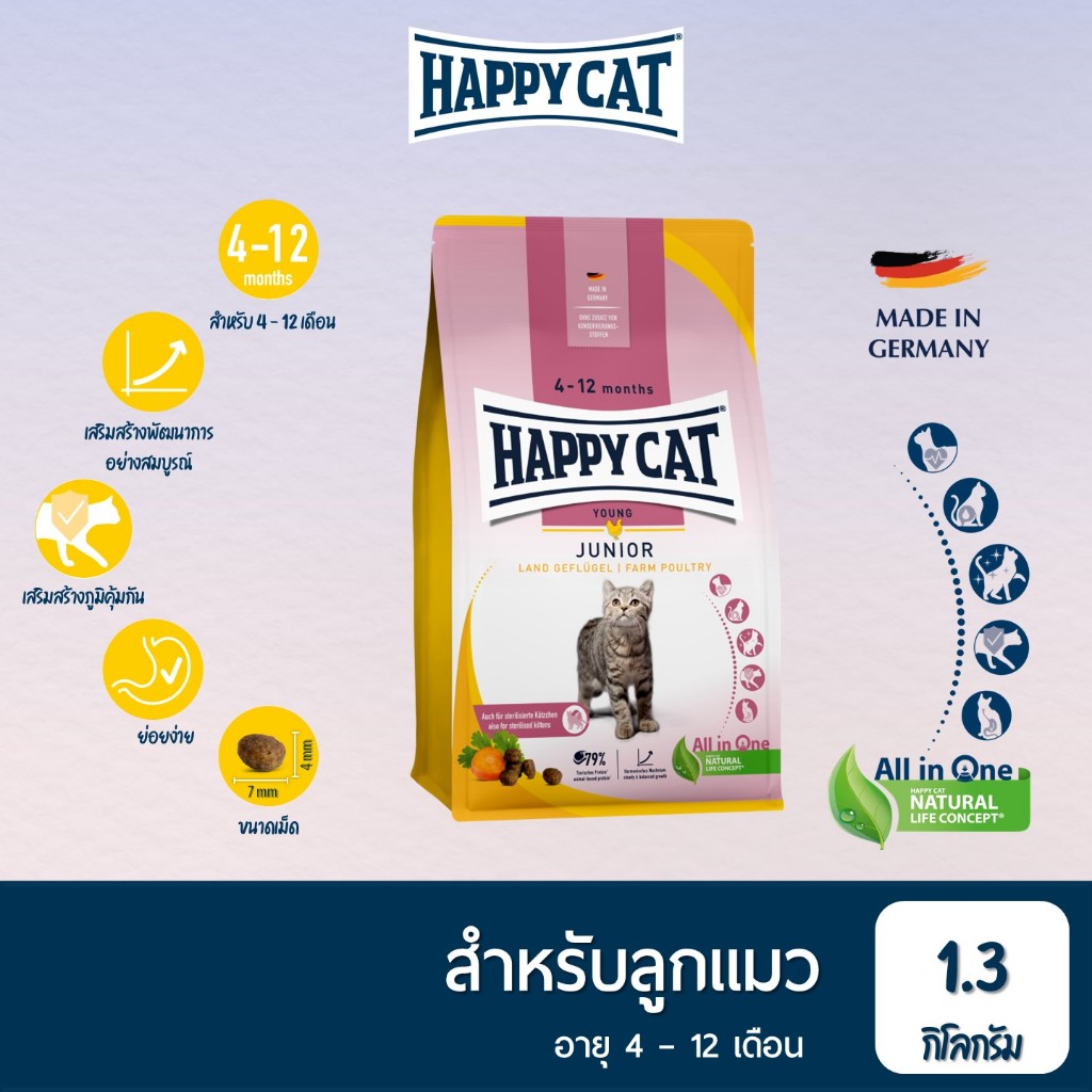 Happy Cat Junior Geflugel อาหารลูกแมว อายุ 4-12 เดือน สูตรเนื้อสัตว์ปีกและปลาแซลมอน 1.3 Kg