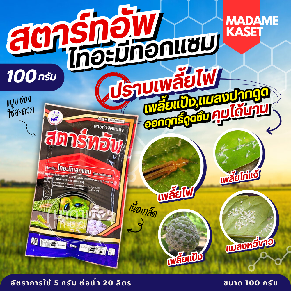 สตาร์ทอัพ (ไทอะมีทอกแซม 25%) 100g. ตัวเดียวกับแอคทารา ป้องกันและกำจัดเพลี้ยไฟ เพลี้ยแป้ง แมลงปากดูด แมลงหวี่ขาว ยาเย็น