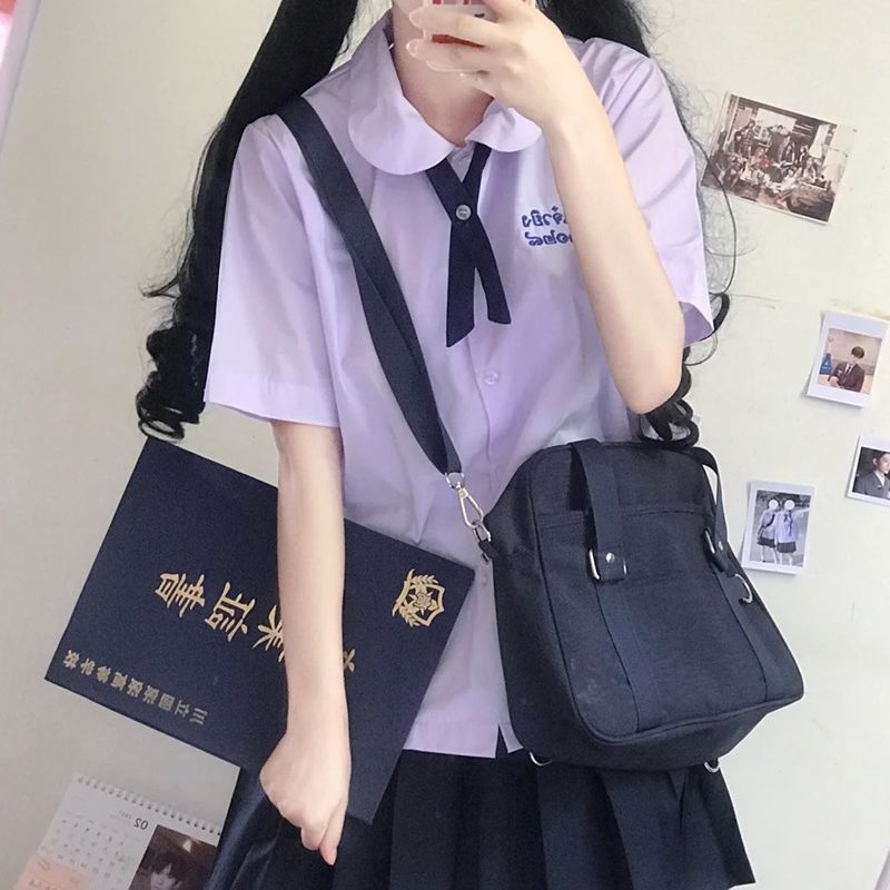 พร้อมส่ง ชุดนักเรียนไทย jk เสื้อยูนิฟอร์ม เสื้อเชิ้ตแขนยาว ทรงหลวม ปักลาเวนเดอร์ ท็อป