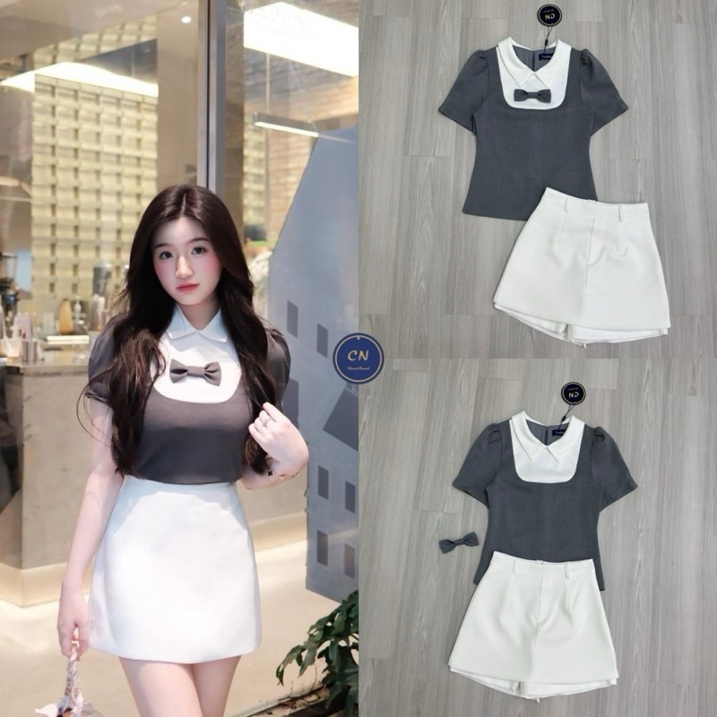 CHANAT BRAND Set 2 ชิ้น เสื้อสีเทาคอกลมสีขาวแต่งสีขาวมาถึงช่วงอกมีอะไหล่เข็มกลัดโบว์เล็ก ๆ แขนสั้นจับจีบยกไหล่