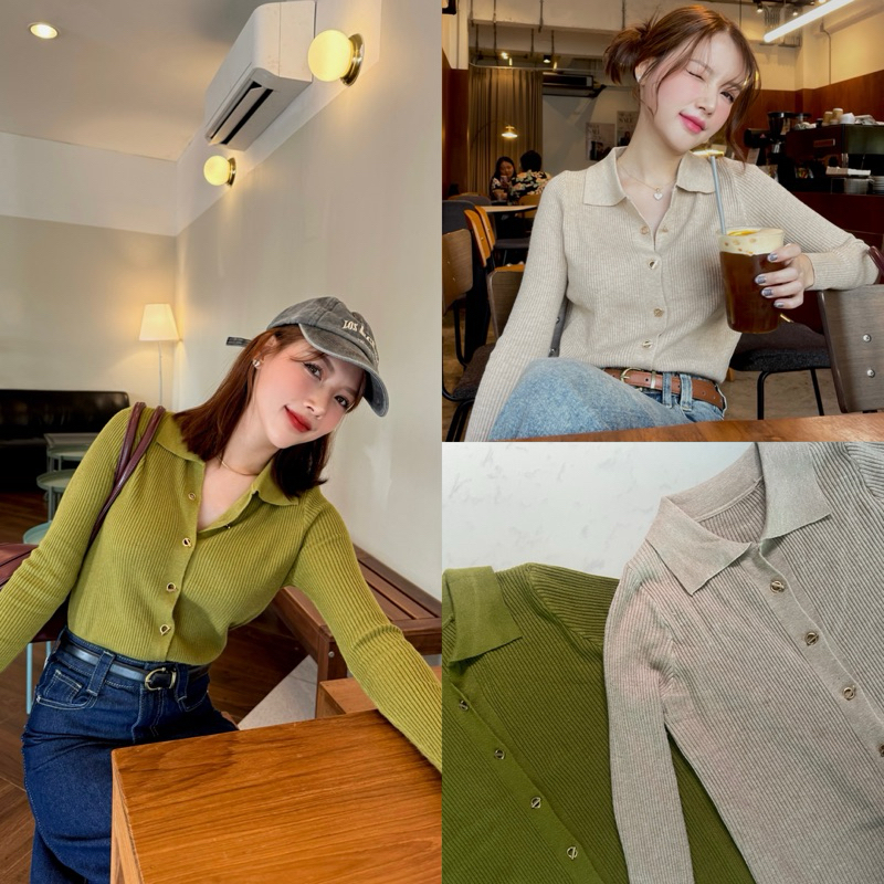 M05-เสื้อไหมพรมคอปกแขนยาว detail กระดุมห่วง ผ้านุ่มมาก